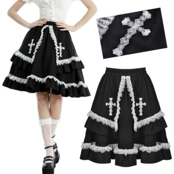 Jupe gothique lolita à croix et dentelle contrastantes