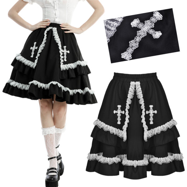Jupe gothique lolita à croix et dentelle contrastantes