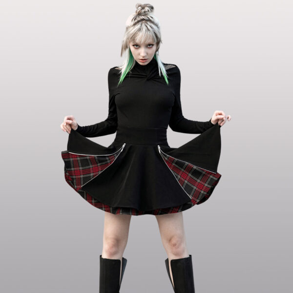 Jupe patineuse noire à inserts écossais