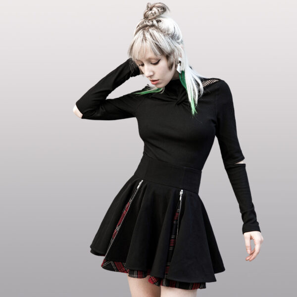 Jupe patineuse noire à inserts écossais