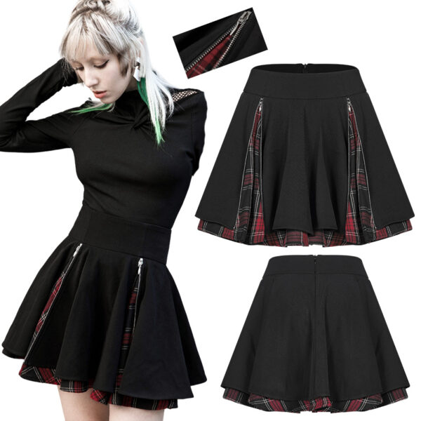Jupe patineuse noire à inserts écossais