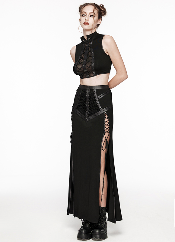 Jupe longue fendue à pointes et laçages Jupe longue fendue à pointes et laçages