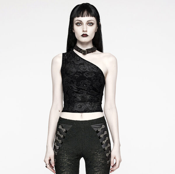 Haut une épaule à roses noires et collier amovible Haut une épaule à roses noires et collier amovible