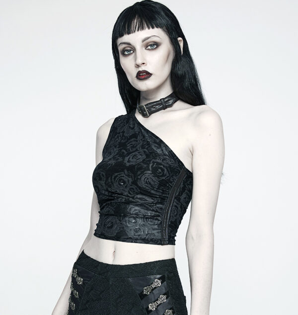 Haut une épaule à roses noires et collier amovible Haut une épaule à roses noires et collier amovible