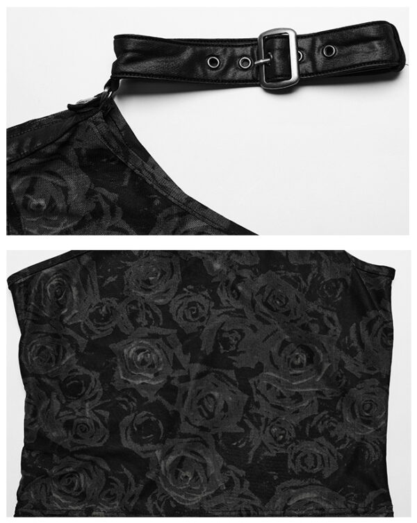 Haut une épaule à roses noires et collier amovible Haut une épaule à roses noires et collier amovible