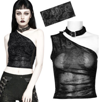 Haut une épaule à roses noires et collier amovible