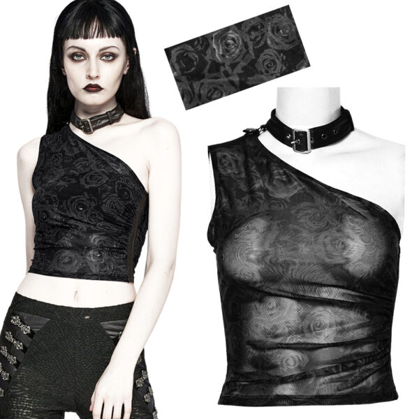 Haut une épaule à roses noires et collier amovible Haut une épaule à roses noires et collier amovible