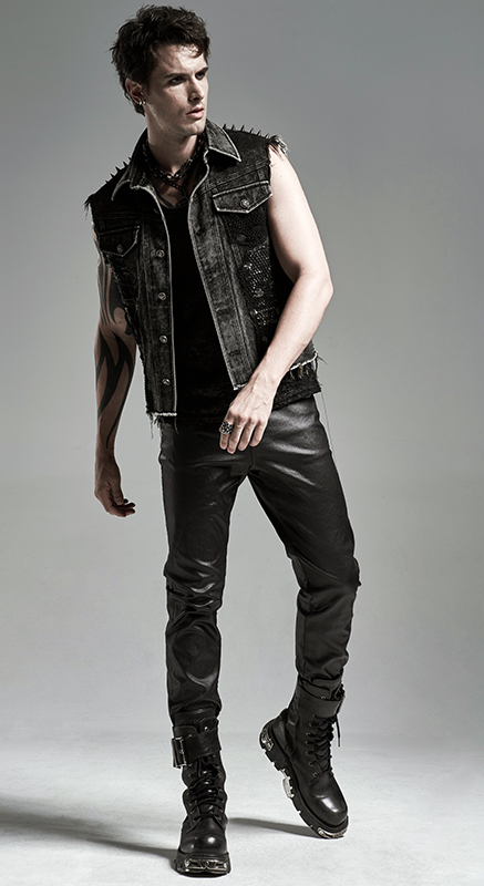 Veste en jeans déchiré à résille et spikes