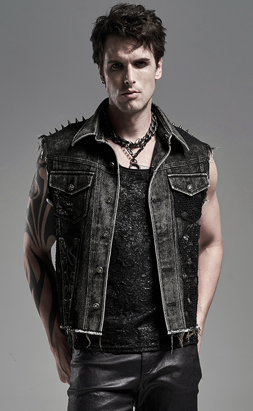 Veste en jeans déchiré à résille et spikes