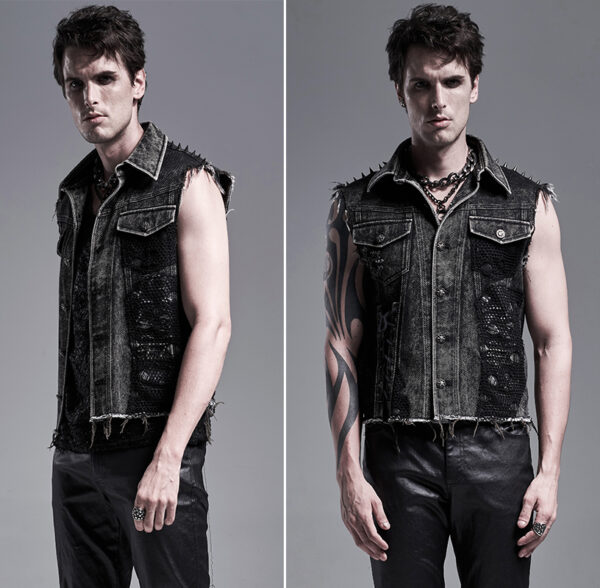 Veste en jeans déchiré à résille et spikes