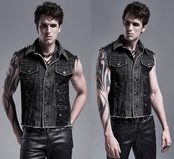 Veste en jeans déchiré à résille et spikes