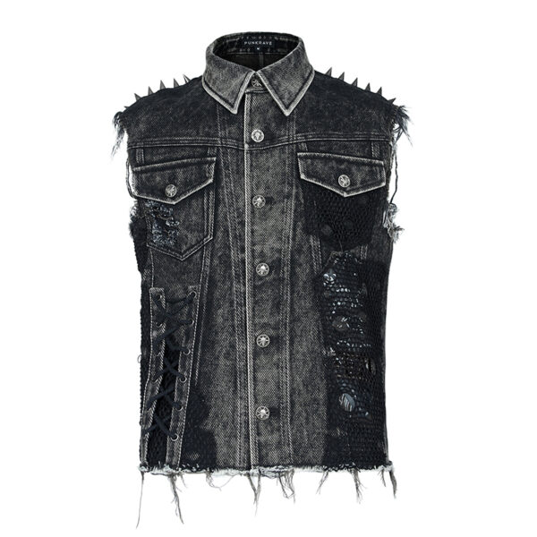 Veste en jeans déchiré à résille et spikes
