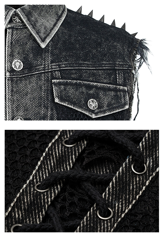 Veste en jeans déchiré à résille et spikes