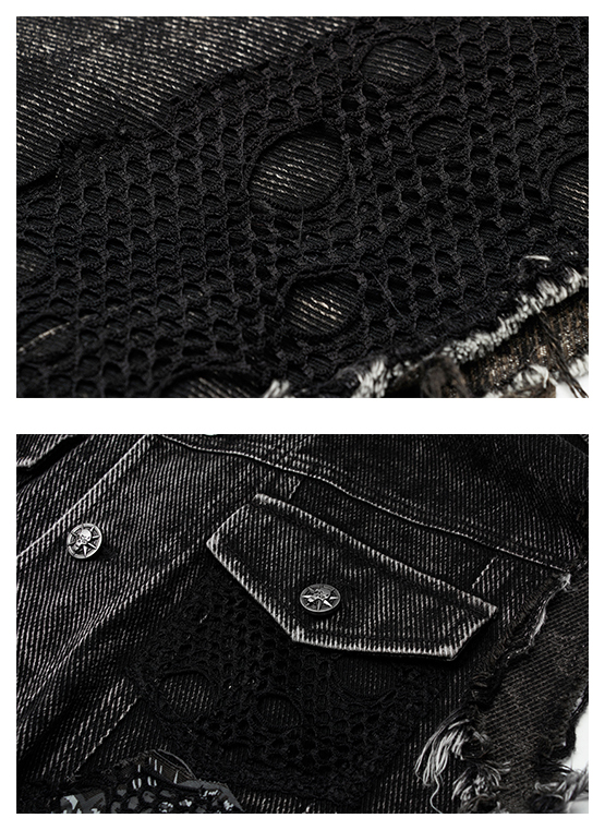 Veste en jeans déchiré à résille et spikes