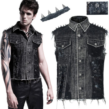 Veste en jeans déchiré à résille et spikes