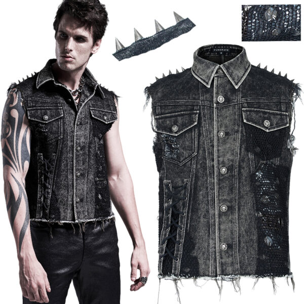 Veste en jeans déchiré à résille et spikes