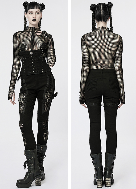 Jeans guerrière sexy à résille et sangles Jeans guerrière sexy à résille et sangles