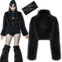 Manteau court fausse fourrure gothique rétro Punk Rave WY-1397-BK.