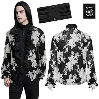 Chemise en dentelle brodée à grand jabot Noire & Blanche