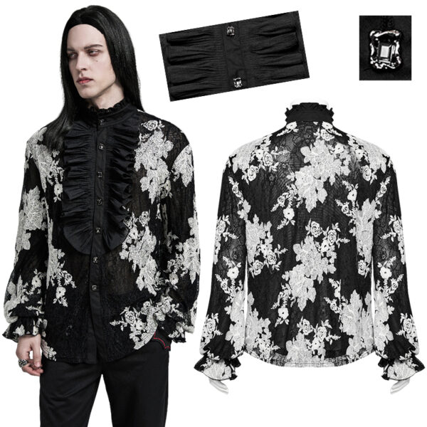 Chemise en dentelle brodée à grand jabot Noire & Blanche Chemise en dentelle brodée à grand jabot Noire & Blanche