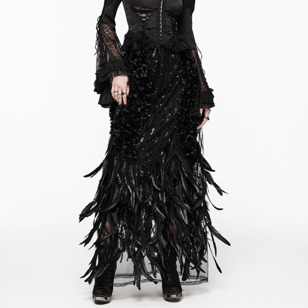 Jupe longue à plumes et sequins noire