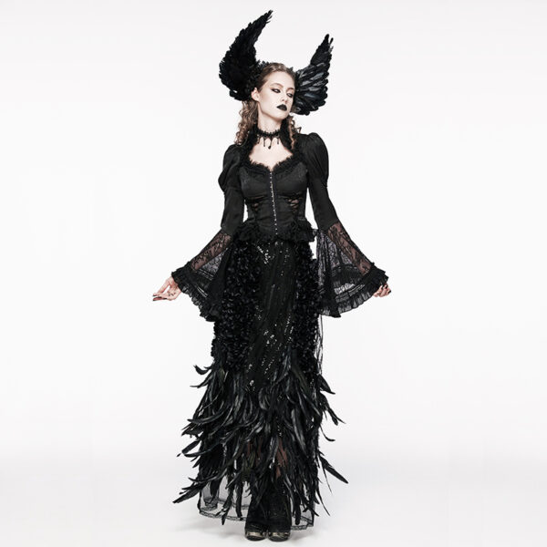 Jupe longue à plumes et sequins noire