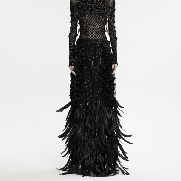 Jupe longue à plumes et sequins noire