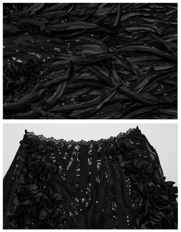 Jupe longue à plumes et sequins noire