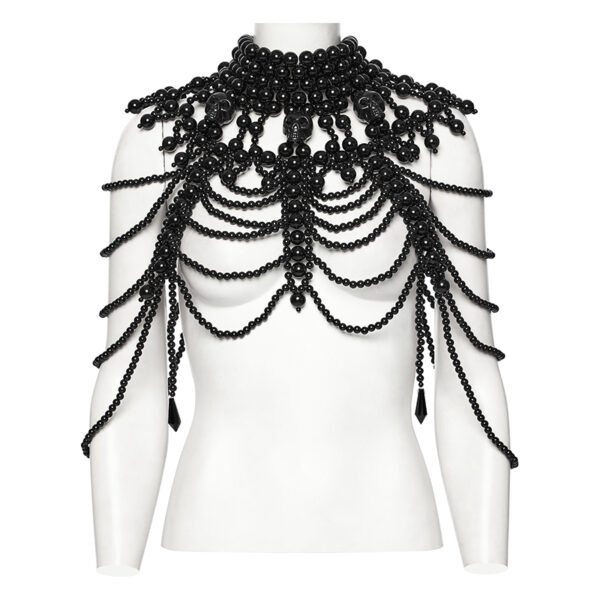 Collier plastron en perles noires à têtes de mort Collier plastron en perles noires à têtes de mort
