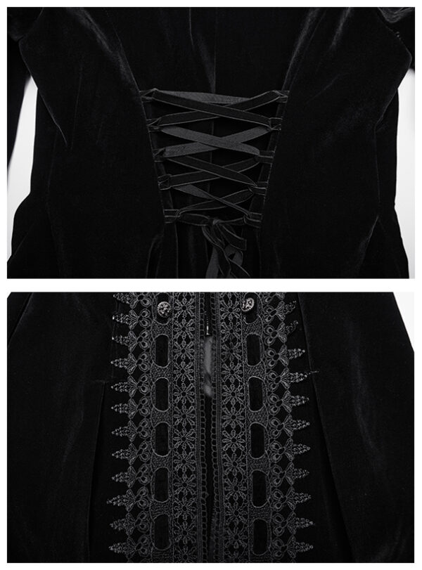 Manteau en velours noir à volants et broderies