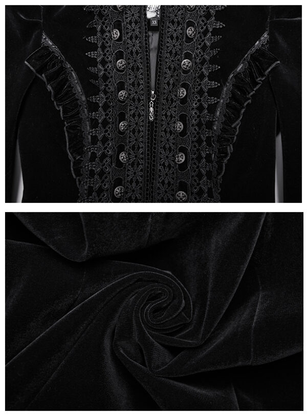 Manteau en velours noir à volants et broderies