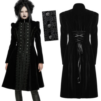 Manteau en velours noir à volants et broderies