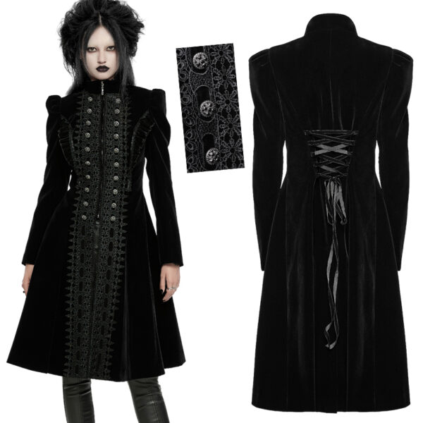 Manteau en velours noir à volants et broderies