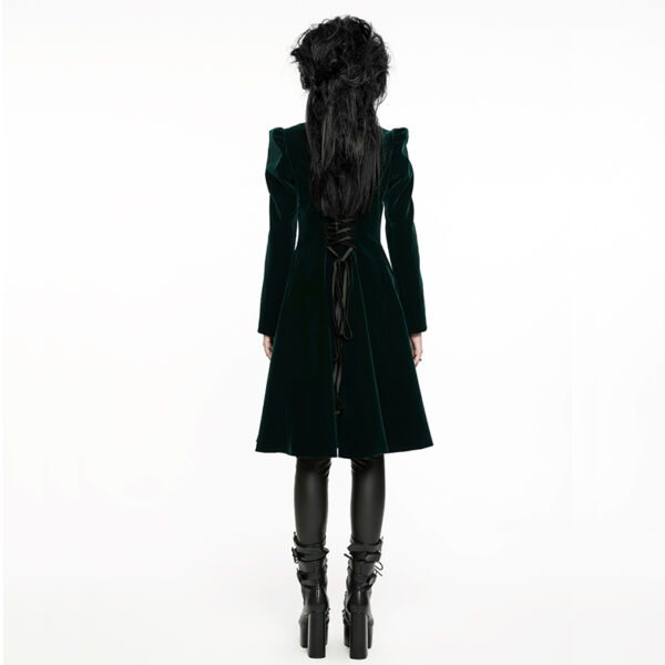 Manteau en velours vert foncé à volants et broderies