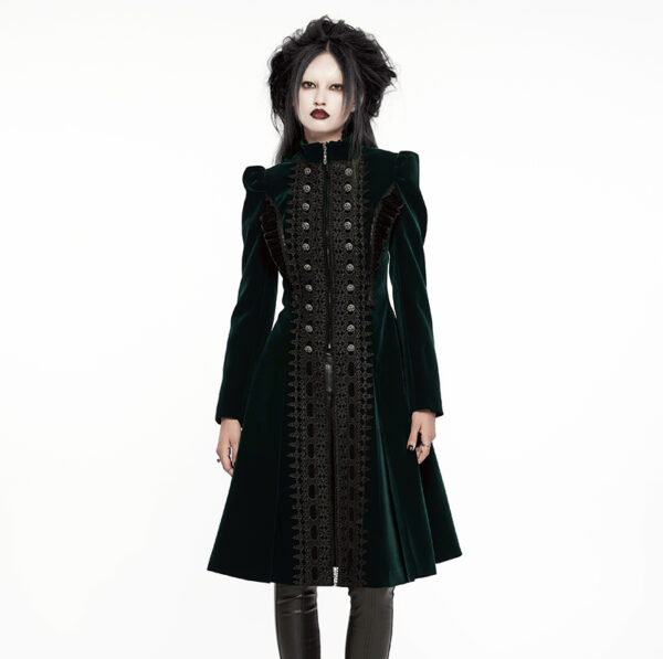 Manteau en velours vert foncé à volants et broderies