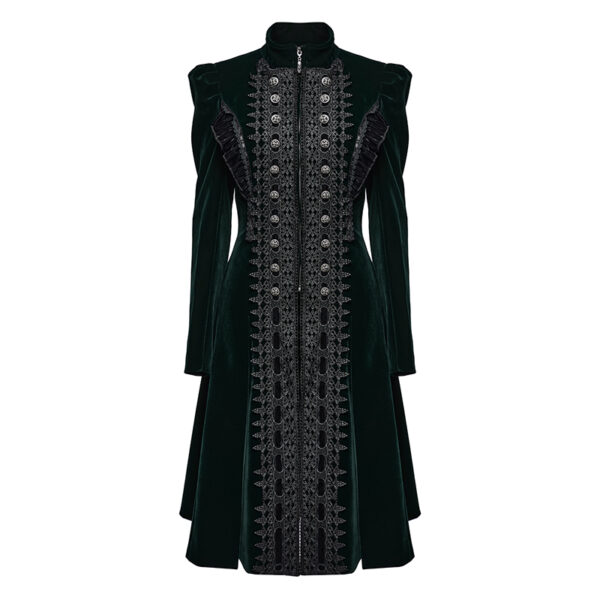 Manteau en velours vert foncé à volants et broderies