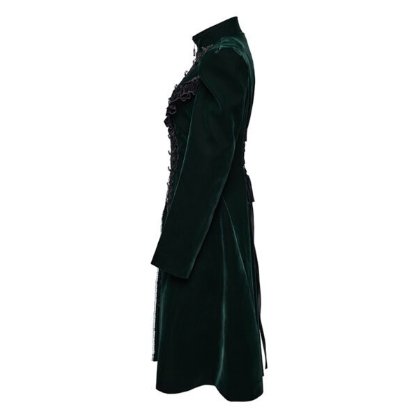 Manteau en velours vert foncé à volants et broderies