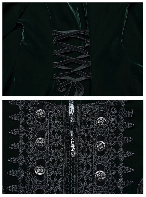 Manteau en velours vert foncé à volants et broderies