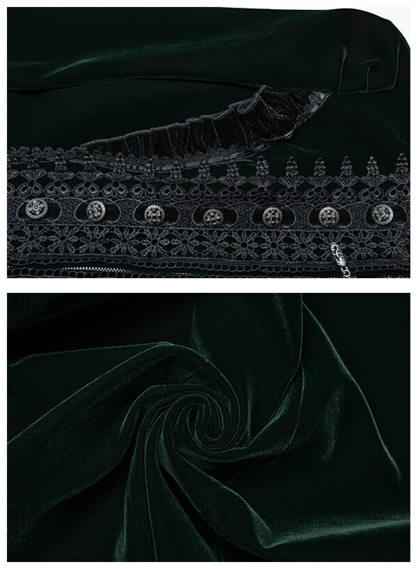 Manteau en velours vert foncé à volants et broderies