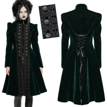 Manteau en velours vert foncé à volants et broderies