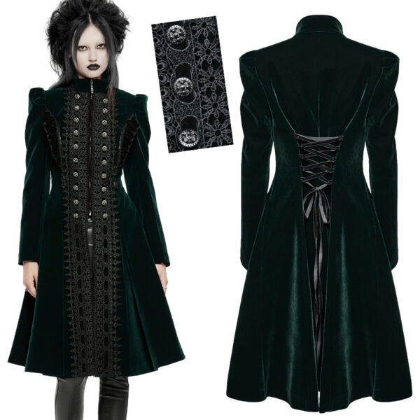 Manteau en velours vert foncé à volants et broderies