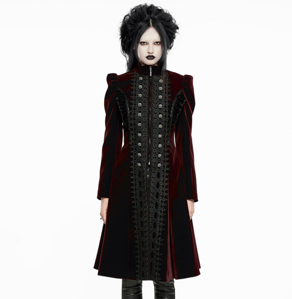 Manteau en velours rouge bordeaux à volants et broderies