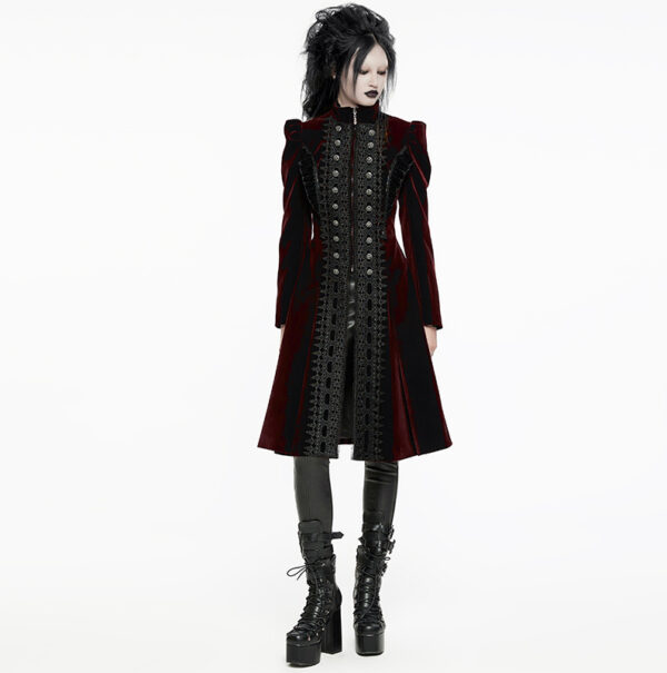 Manteau en velours rouge bordeaux à volants et broderies