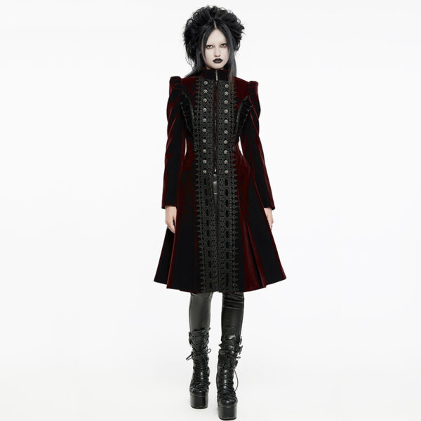 Manteau en velours rouge bordeaux à volants et broderies