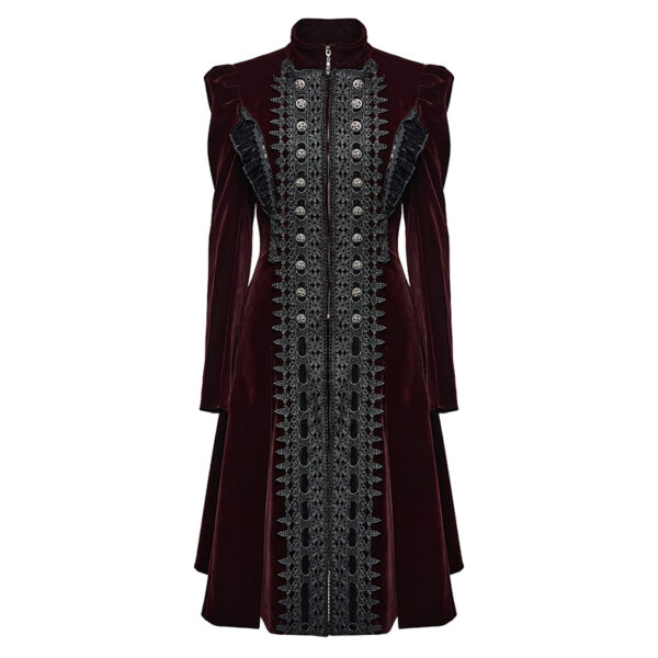 Manteau en velours rouge bordeaux à volants et broderies