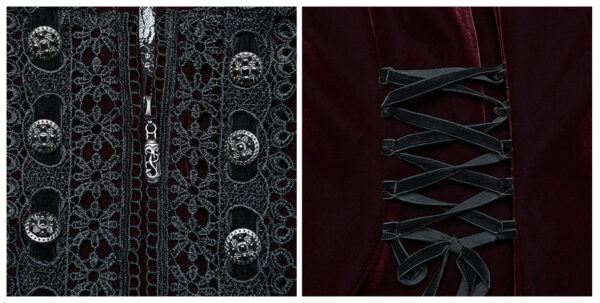 Manteau en velours rouge bordeaux à volants et broderies