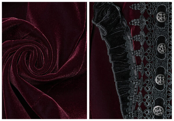 Manteau en velours rouge bordeaux à volants et broderies