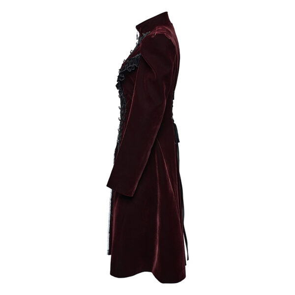 Manteau en velours rouge bordeaux à volants et broderies