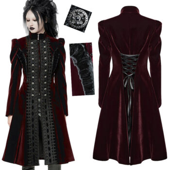 Manteau en velours rouge bordeaux à volants et broderies