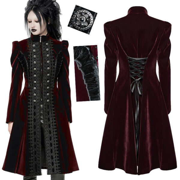 Manteau en velours rouge bordeaux à volants et broderies